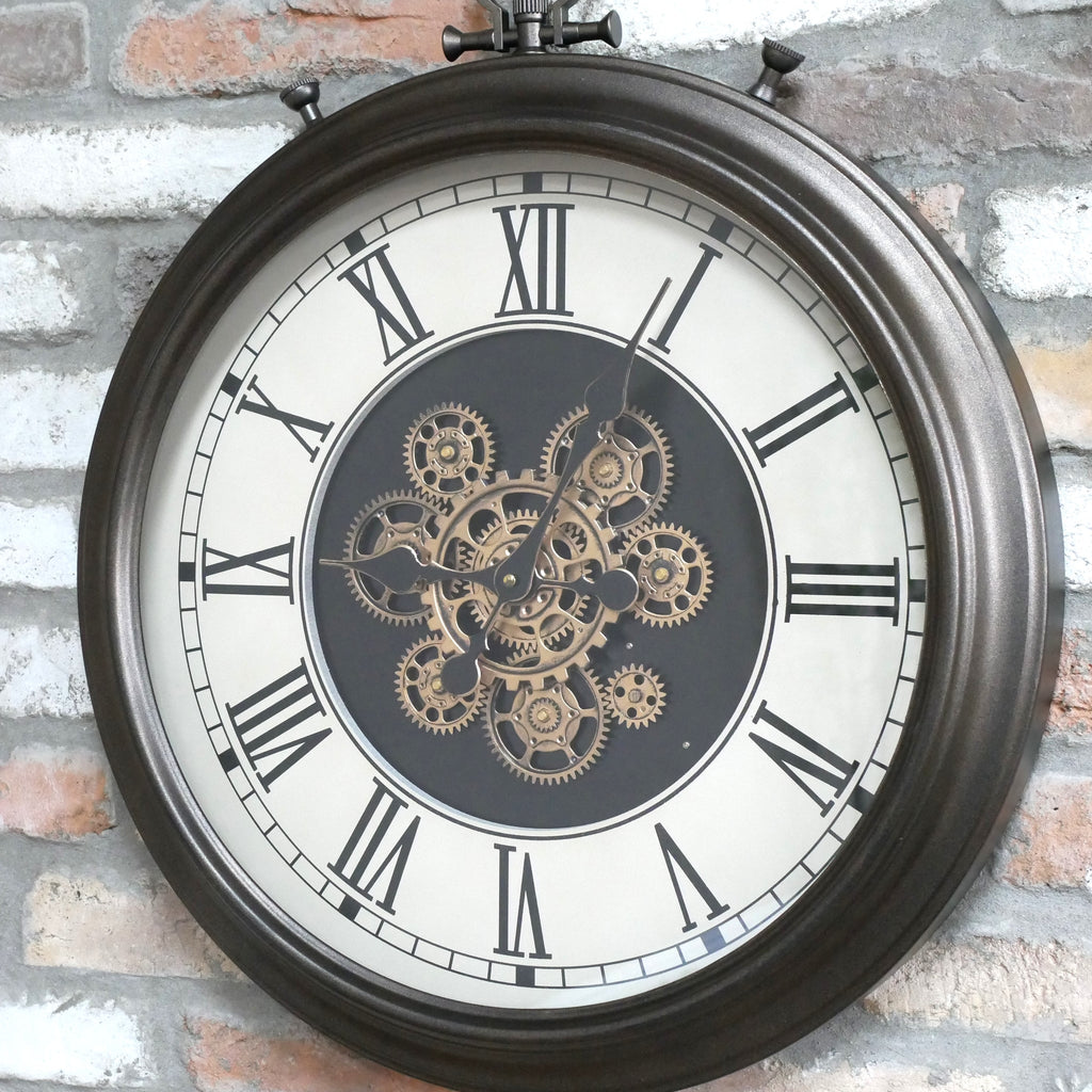 Antique bronze pocket watch working cog wall clock with cream face