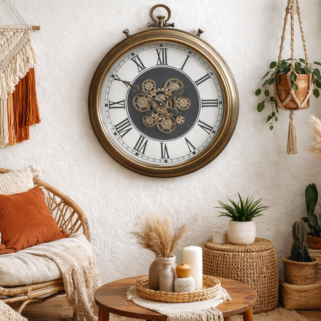 Brass pocket watch working cog wall clock with cream face