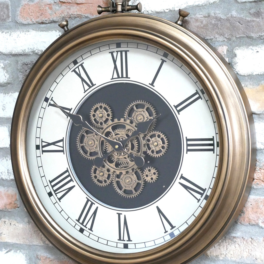 Brass pocket watch working cog wall clock with cream face