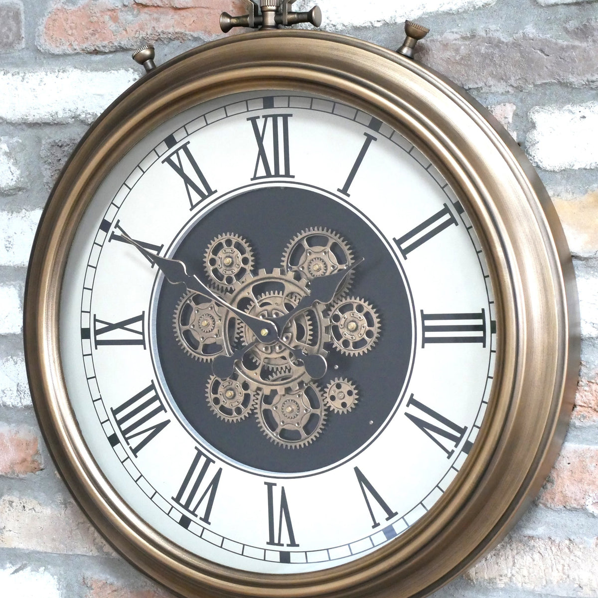 Brass pocket watch working cog wall clock with cream face