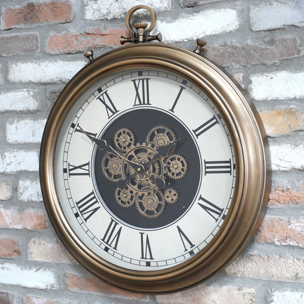 Brass pocket watch working cog wall clock with cream face