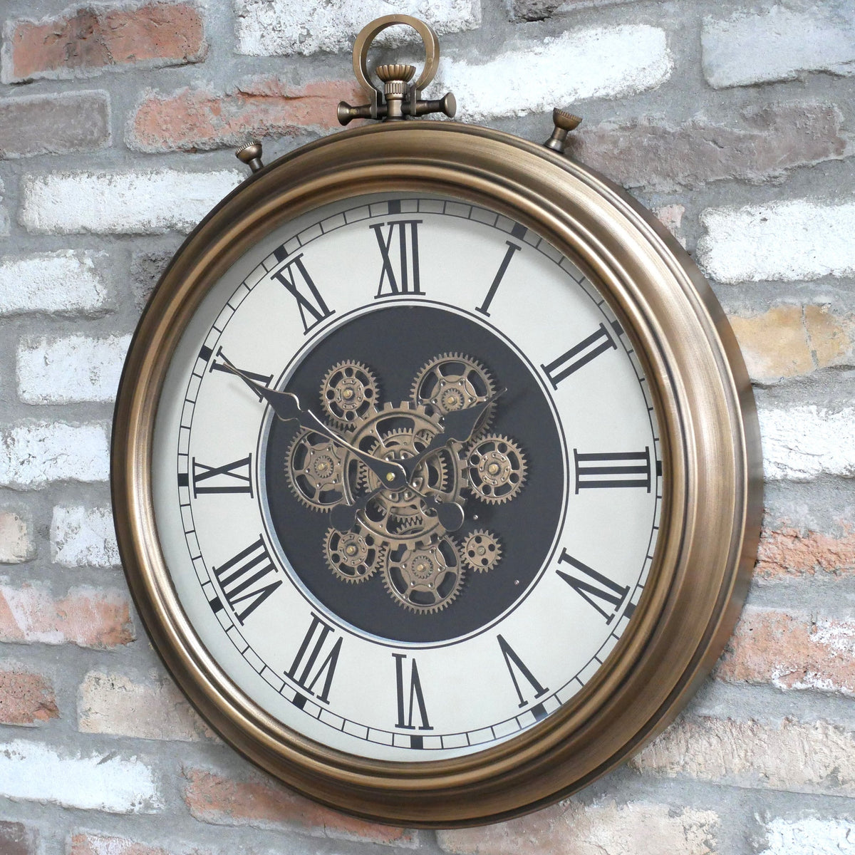 Brass pocket watch working cog wall clock with cream face