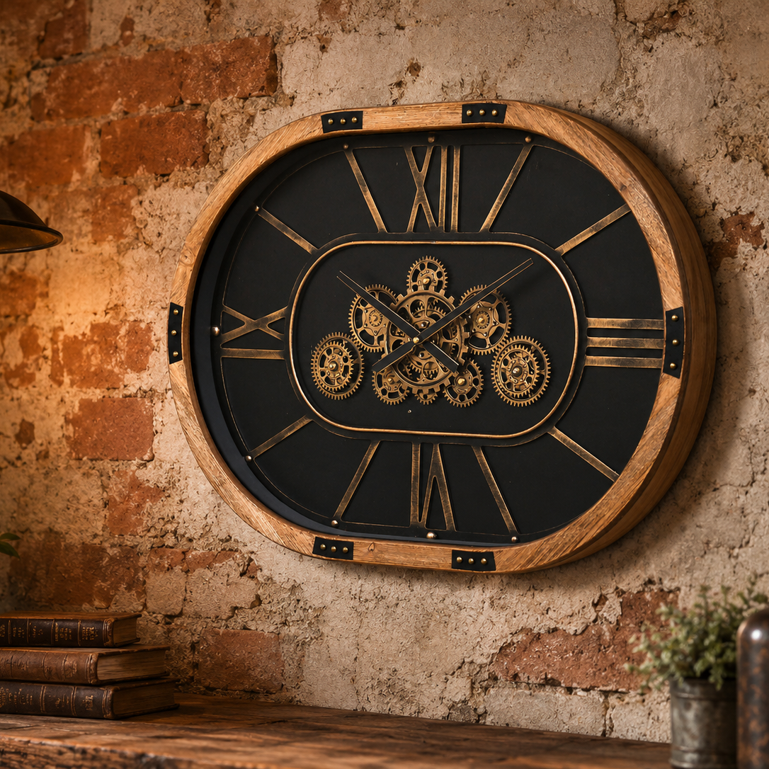 Oval working cog wall clock with black face