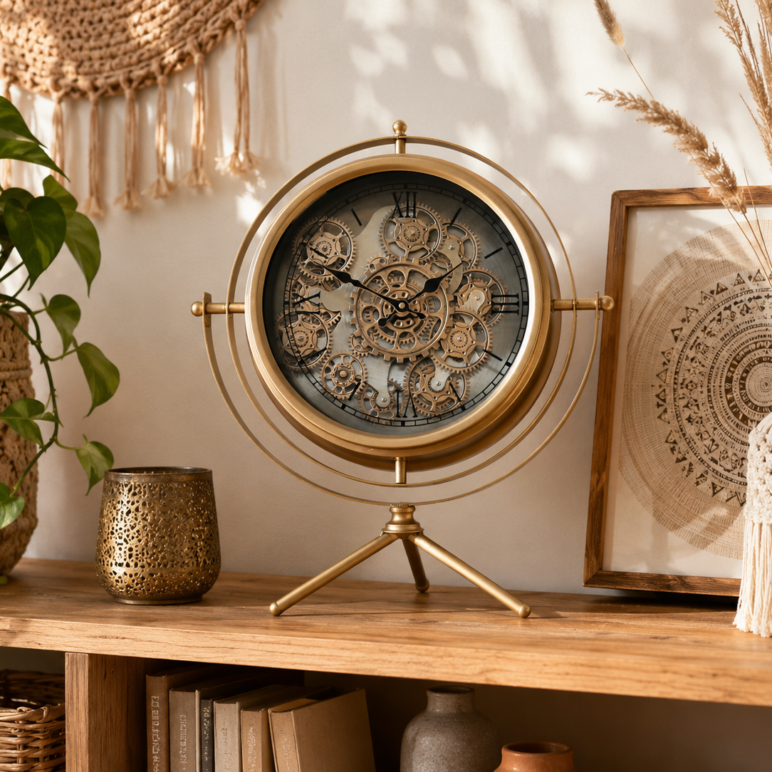 Large gold gyroscope working cog mantel clock