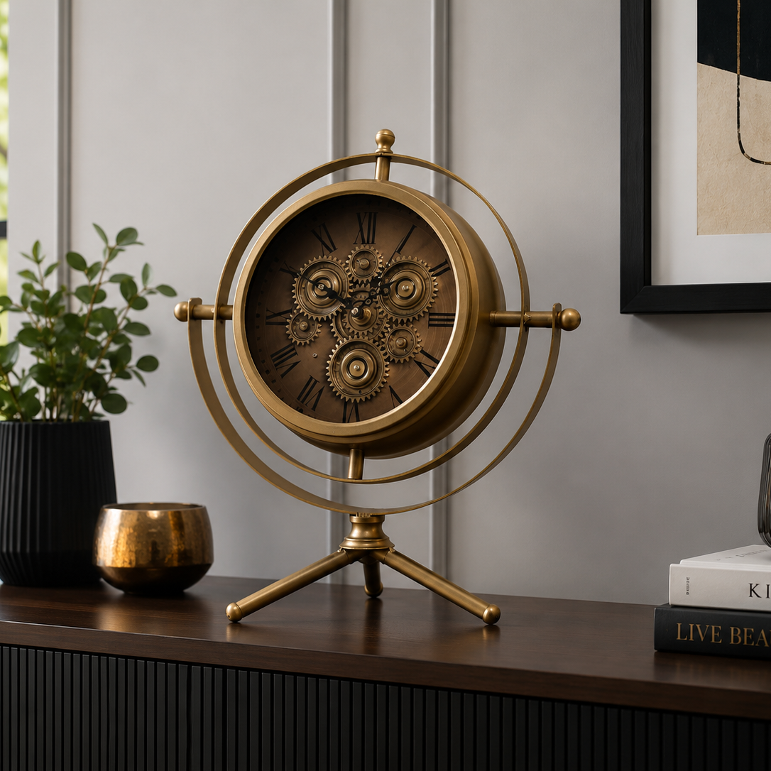 Small gold gyroscope working cog mantel clock