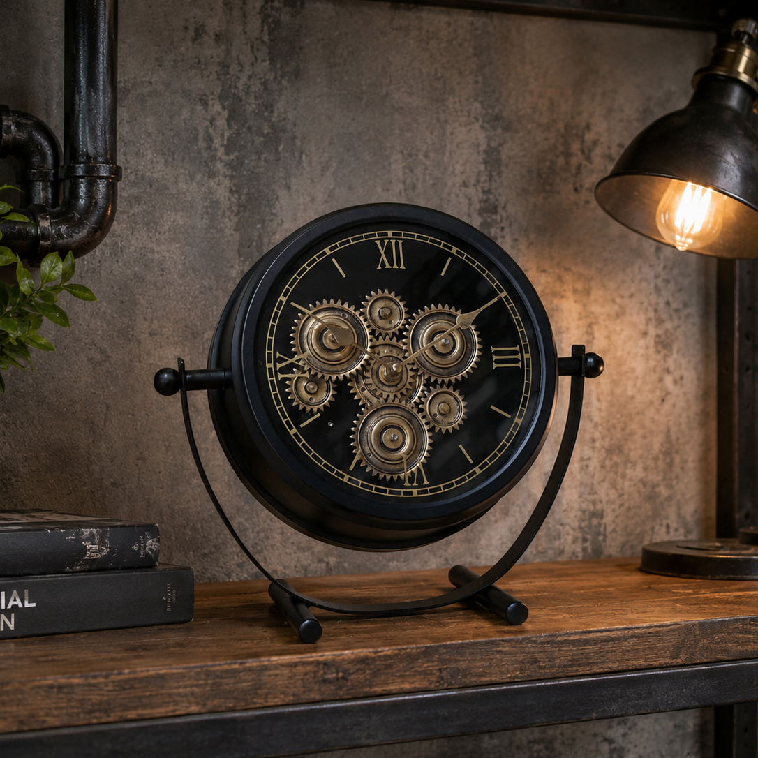 Small black working cog mantel clock on stand
