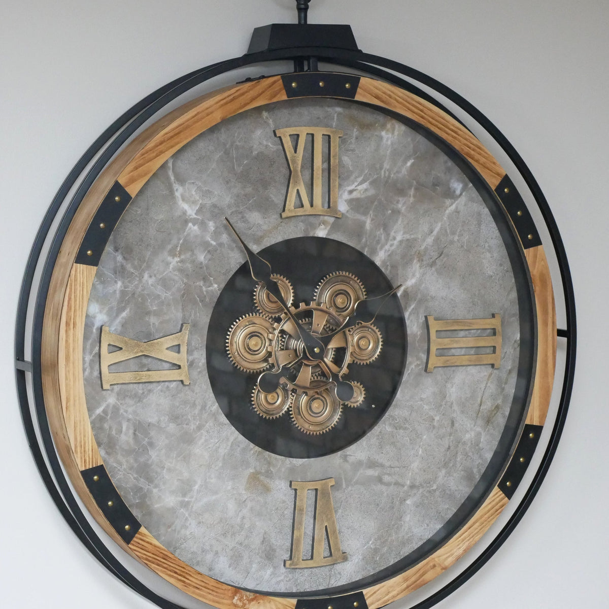 Extra-large pocket watch working cog wall clock with marble-effect face