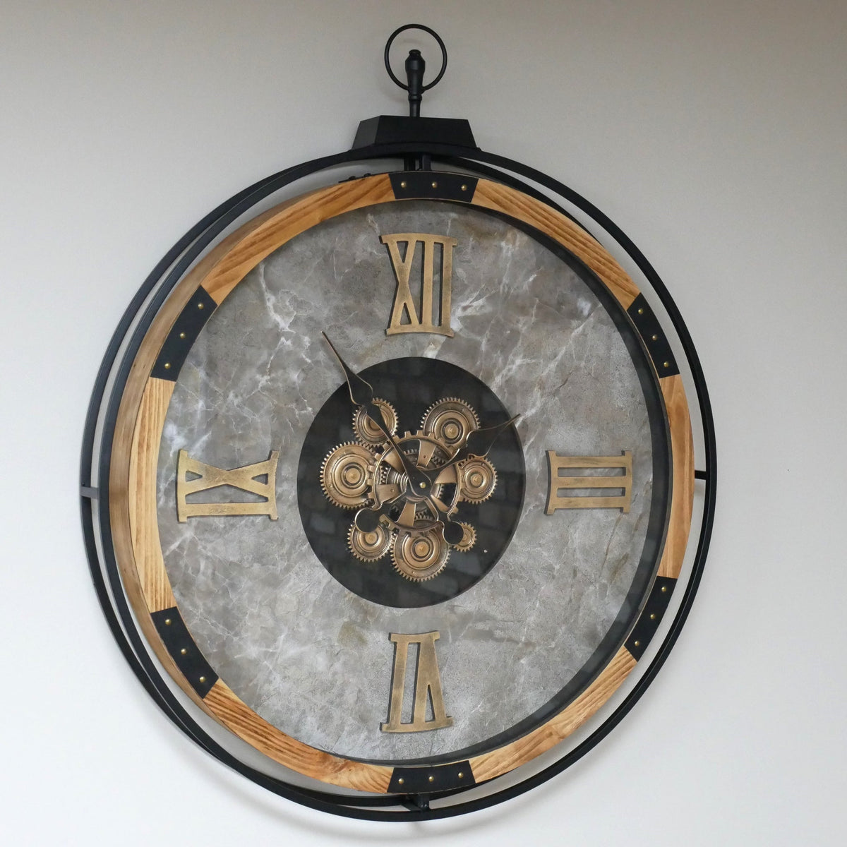 Extra-large pocket watch working cog wall clock with marble-effect face