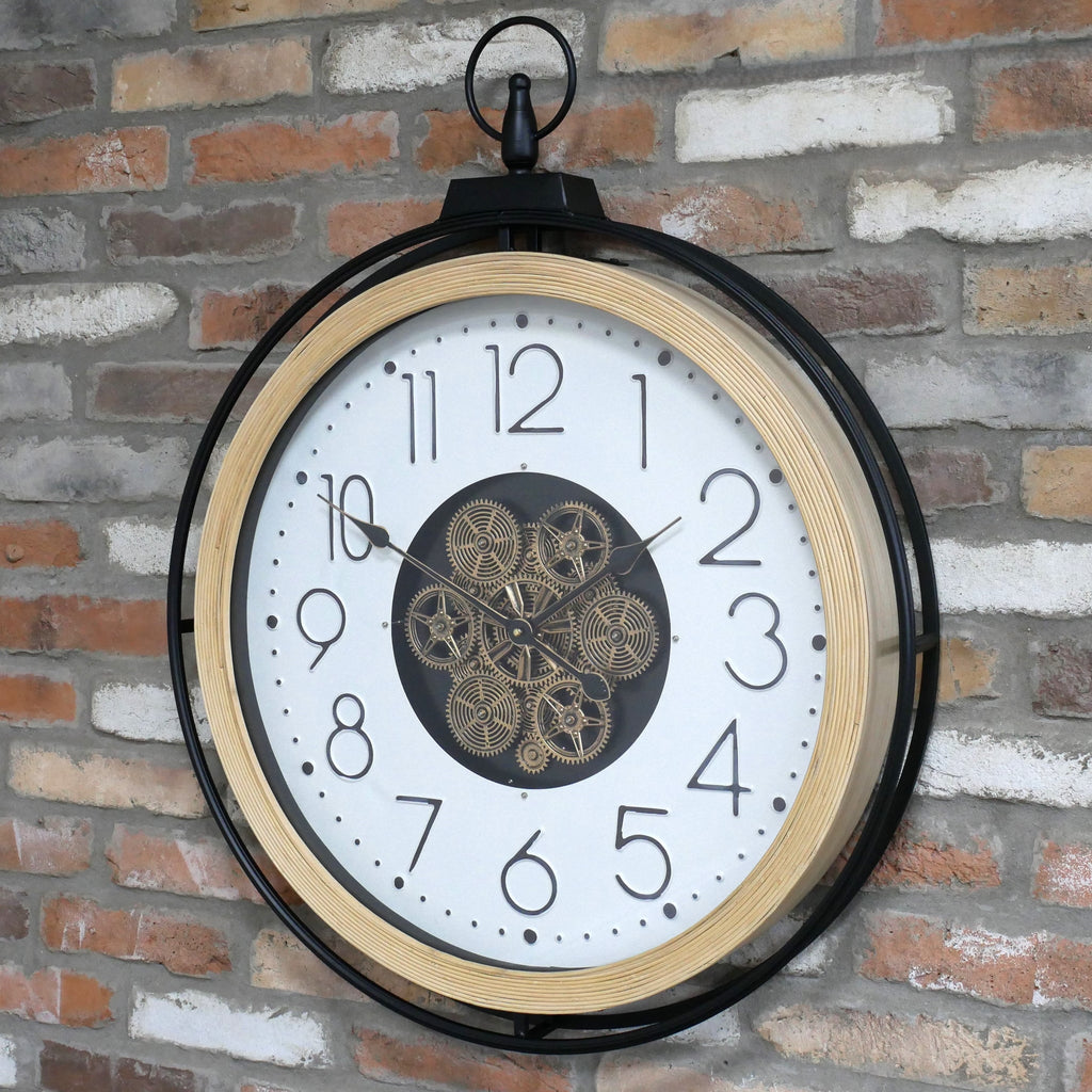 Large pocket watch working cog wall clock with white face