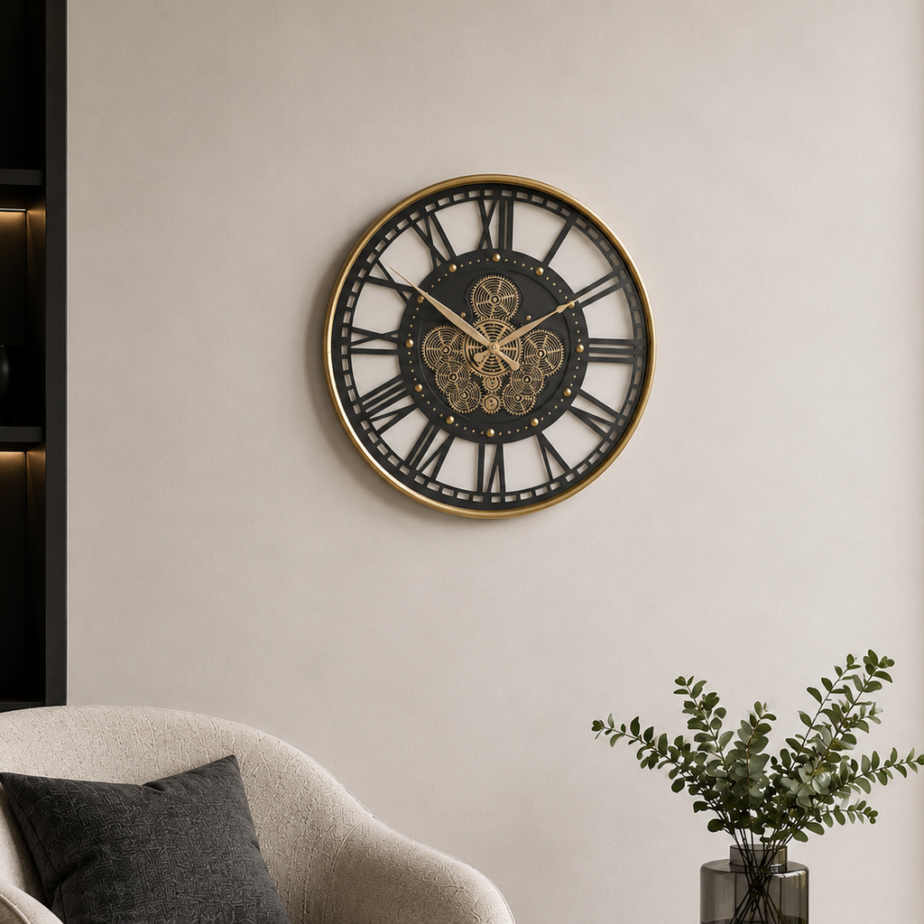 Gold frame working cog wall clock with cream and charcoal face