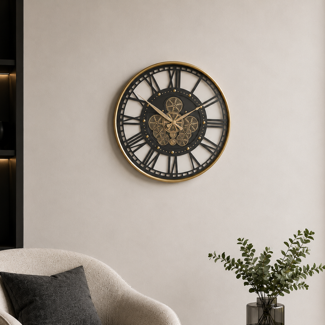 Gold frame working cog wall clock with cream and charcoal face