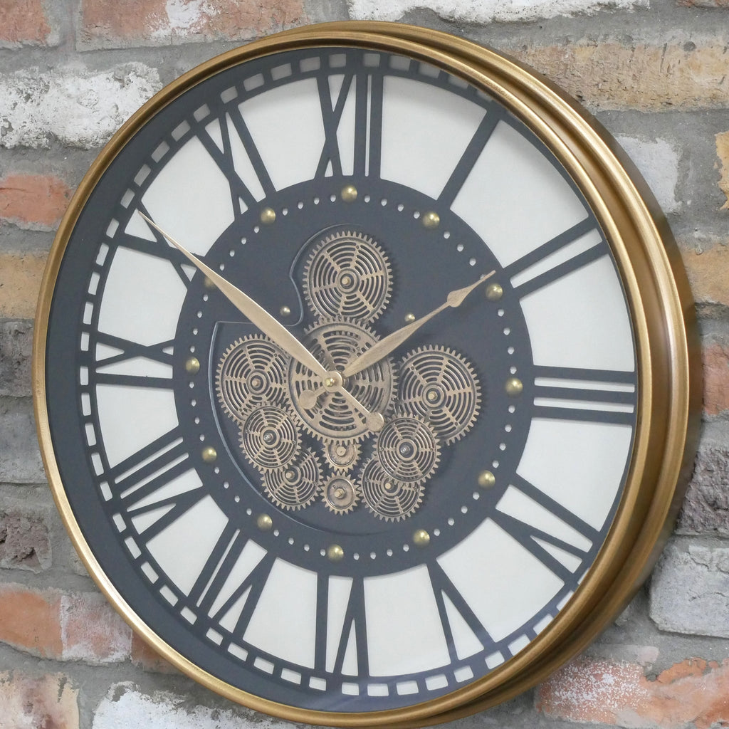 Gold frame working cog wall clock with cream and charcoal face