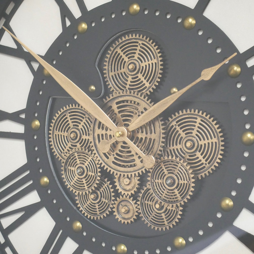 Gold frame working cog wall clock with cream and charcoal face