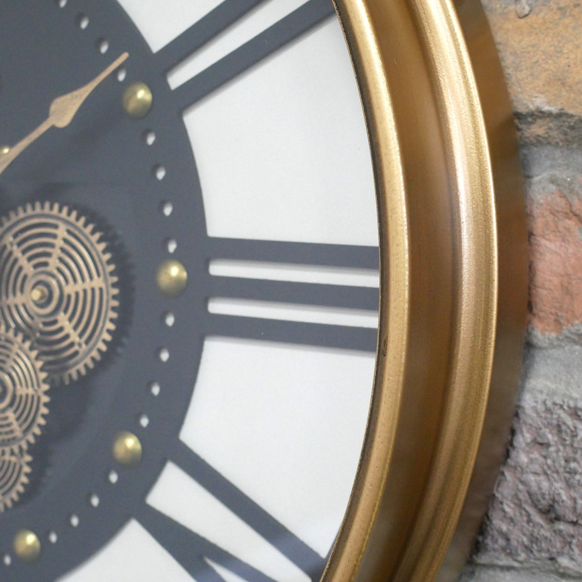 Gold frame working cog wall clock with cream and charcoal face