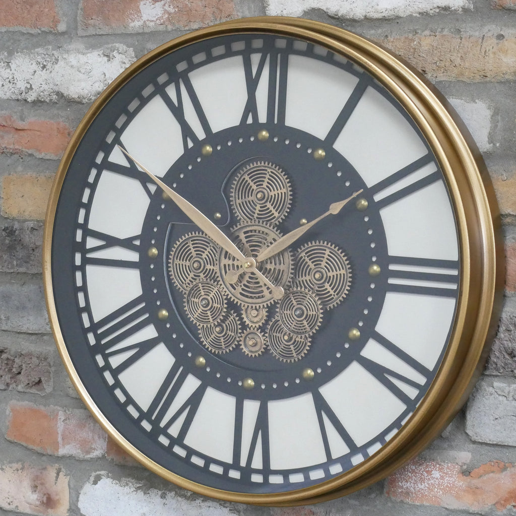 Gold frame working cog wall clock with cream and charcoal face