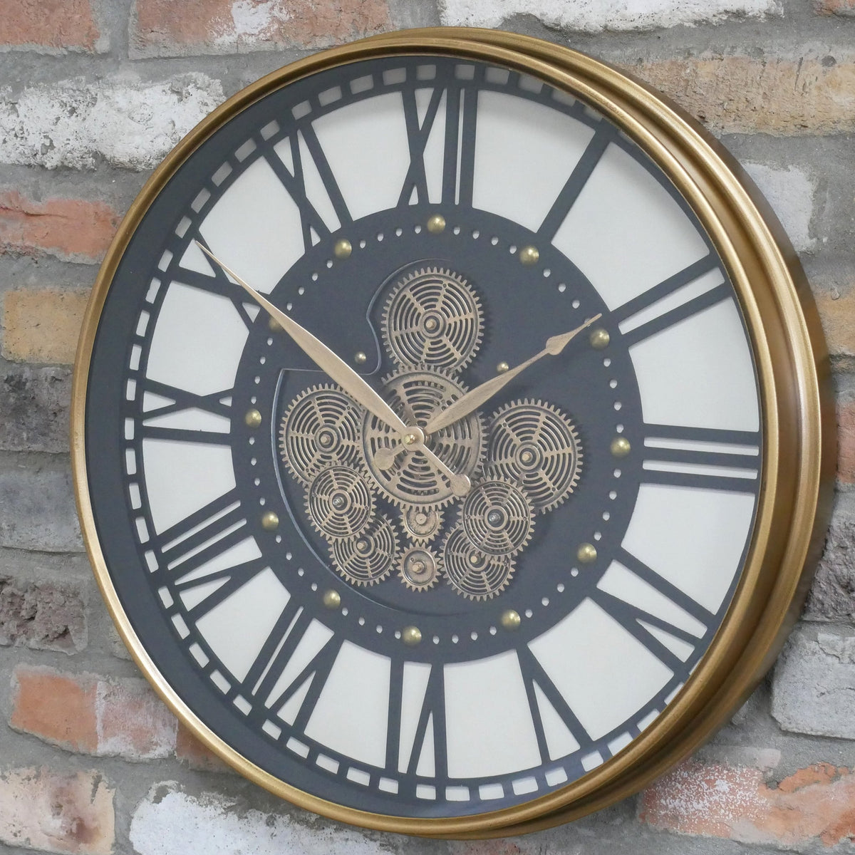 Gold frame working cog wall clock with cream and charcoal face