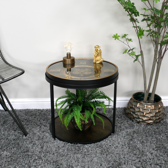 Black & Bronze Roman Numeral Cog Clock Side Table