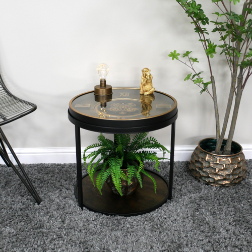 Black & Bronze Roman Numeral Cog Clock Side Table