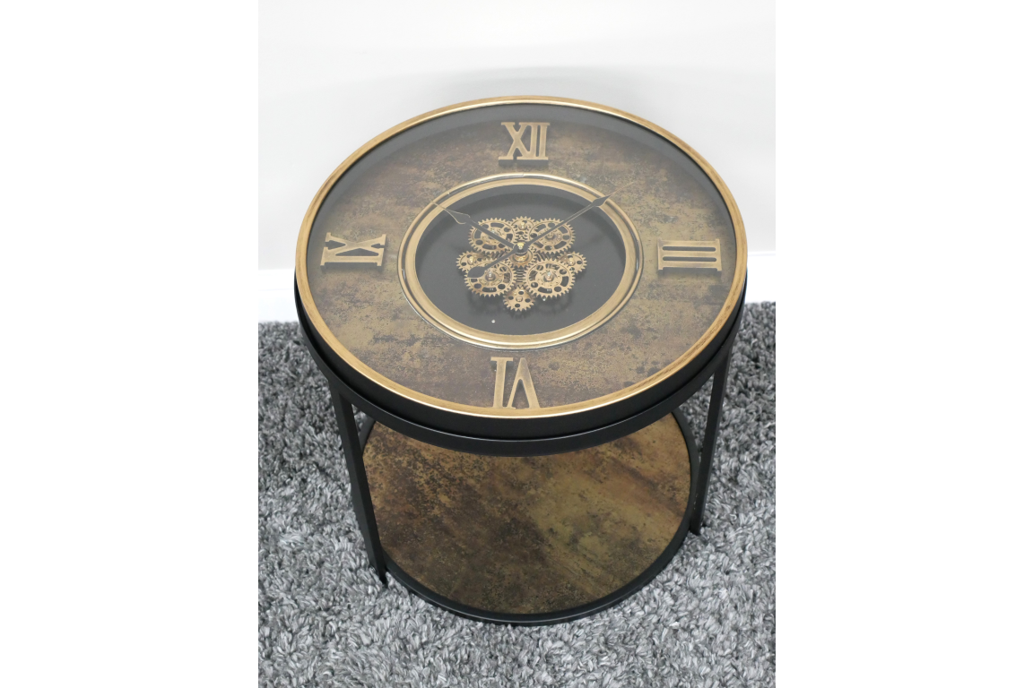 Black & Bronze Roman Numeral Cog Clock Side Table