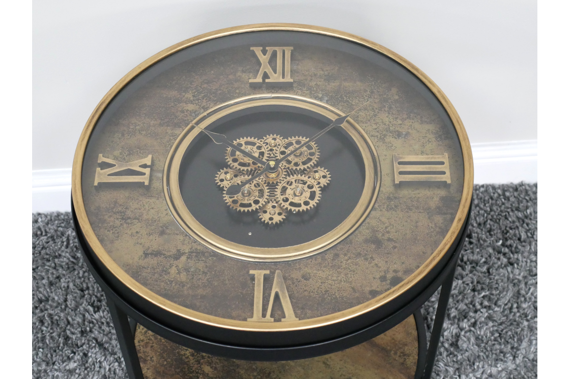 Black & Bronze Roman Numeral Cog Clock Side Table