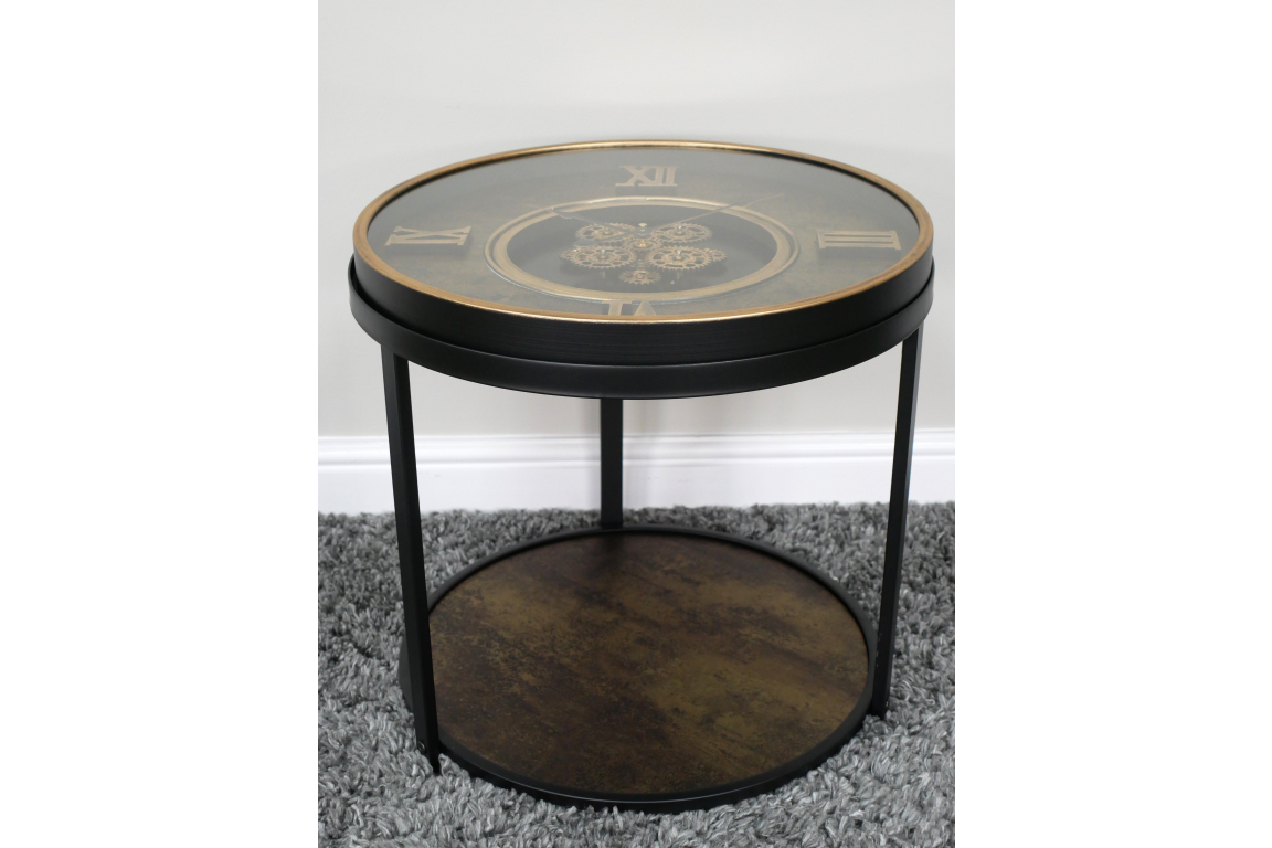 Black & Bronze Roman Numeral Cog Clock Side Table