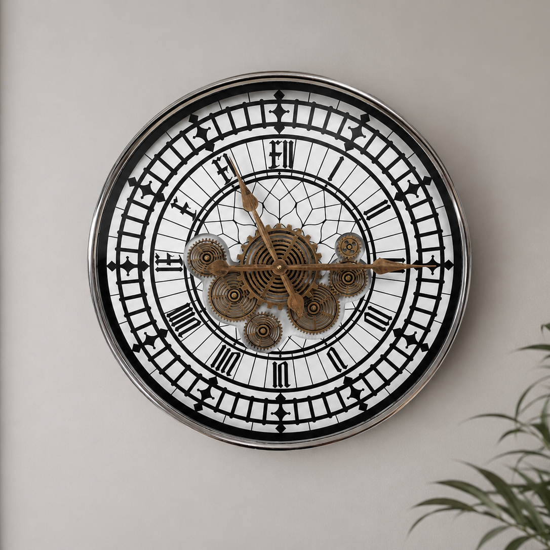 Tower skeleton working cog wall clock with silver frame