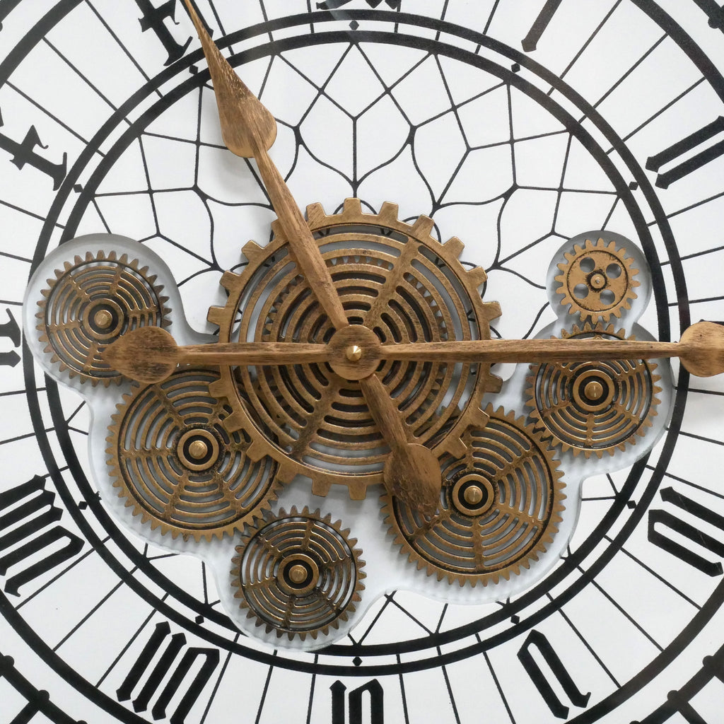 Tower skeleton working cog wall clock with silver frame