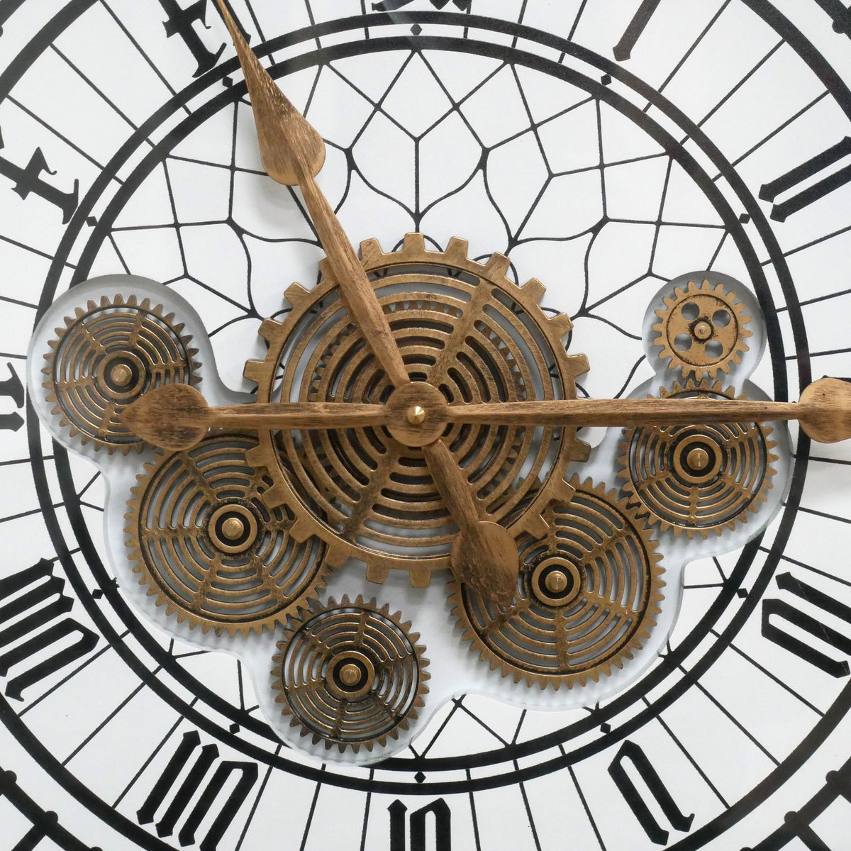 Tower skeleton working cog wall clock with silver frame