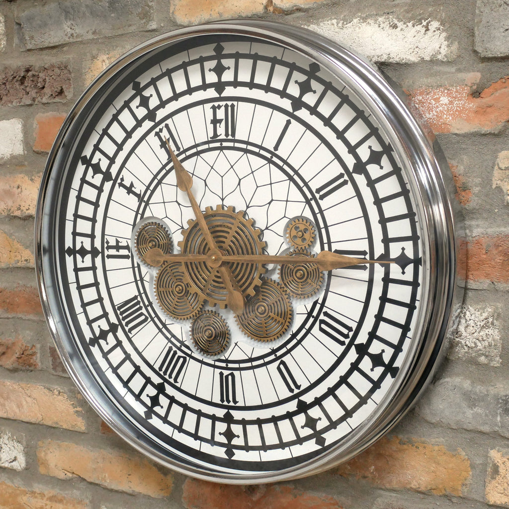Tower skeleton working cog wall clock with silver frame