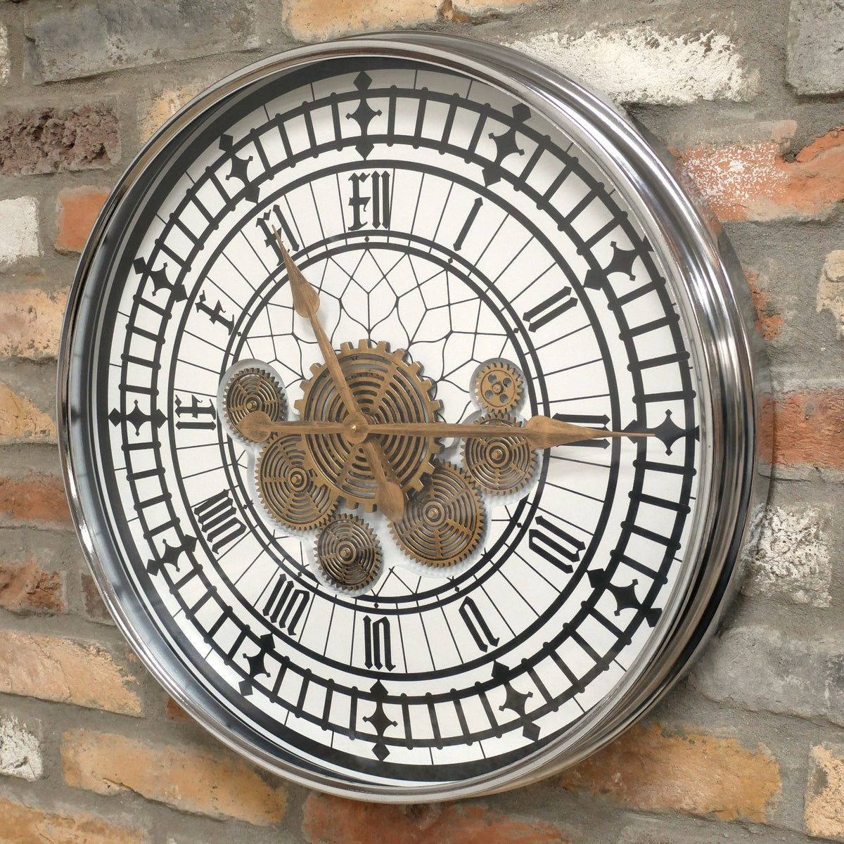 Tower skeleton working cog wall clock with silver frame