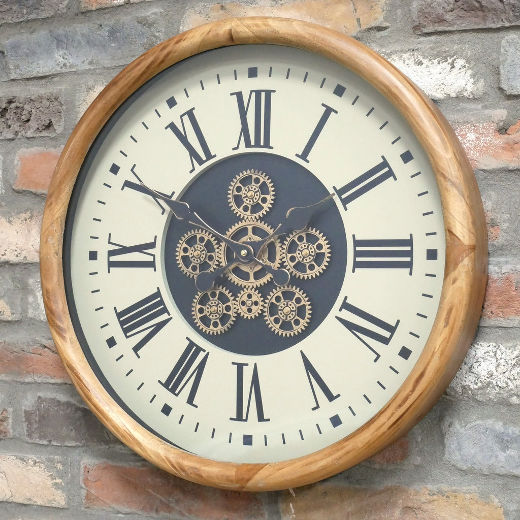 Wood-effect frame working cog wall clock with cream face