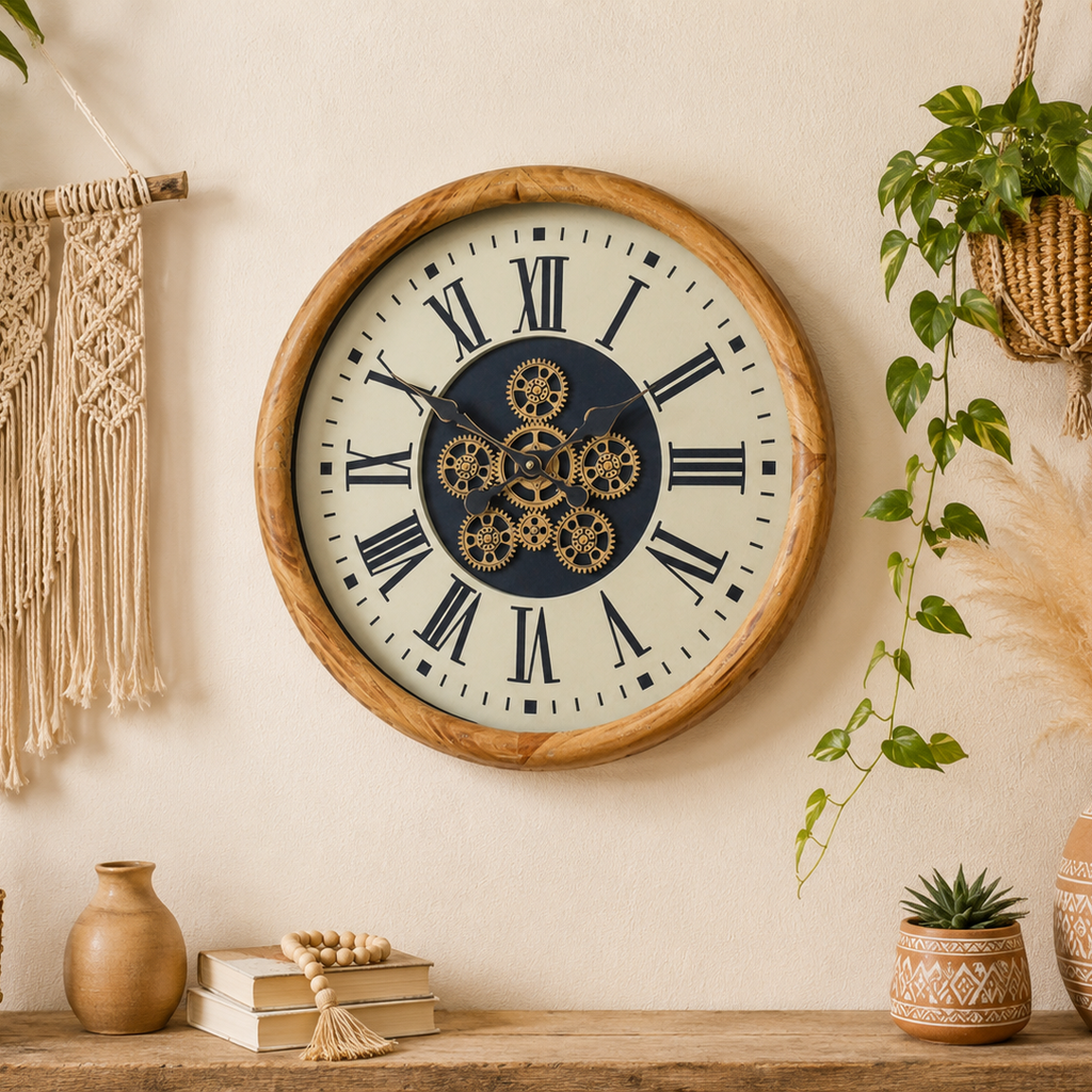 Wood-effect frame working cog wall clock with cream face