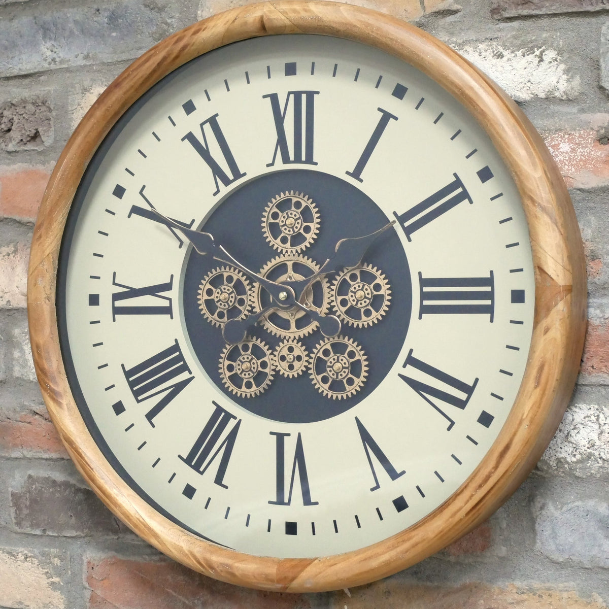 Wood-effect frame working cog wall clock with cream face