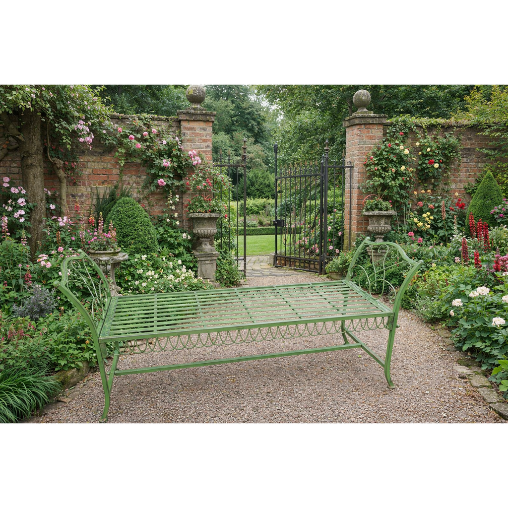 Burford Antique Green Scroll-End Backless Bench