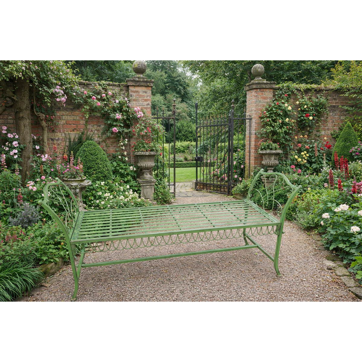 Burford Antique Green Scroll-End Backless Bench