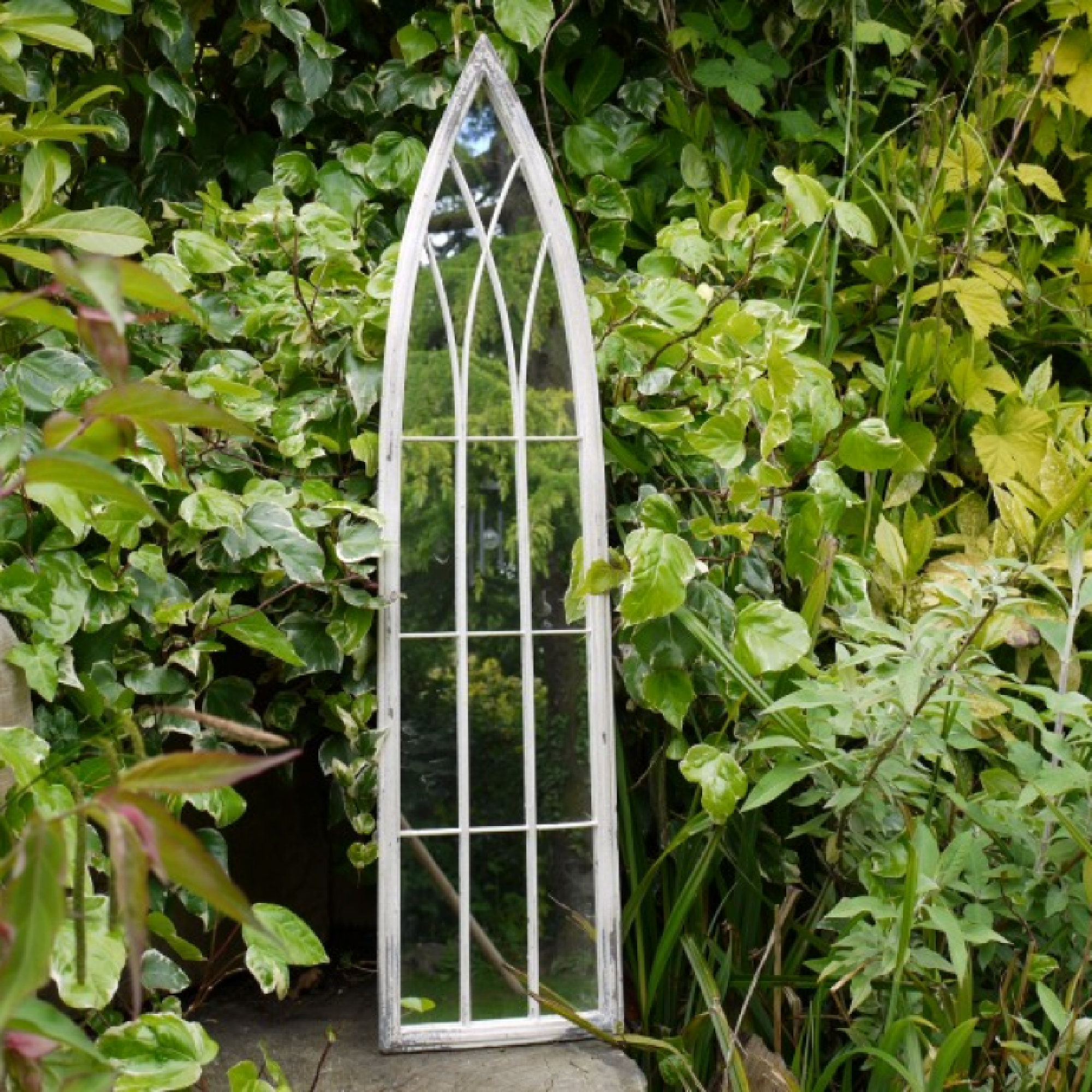 Distressed White Arch Top Garden Mirror