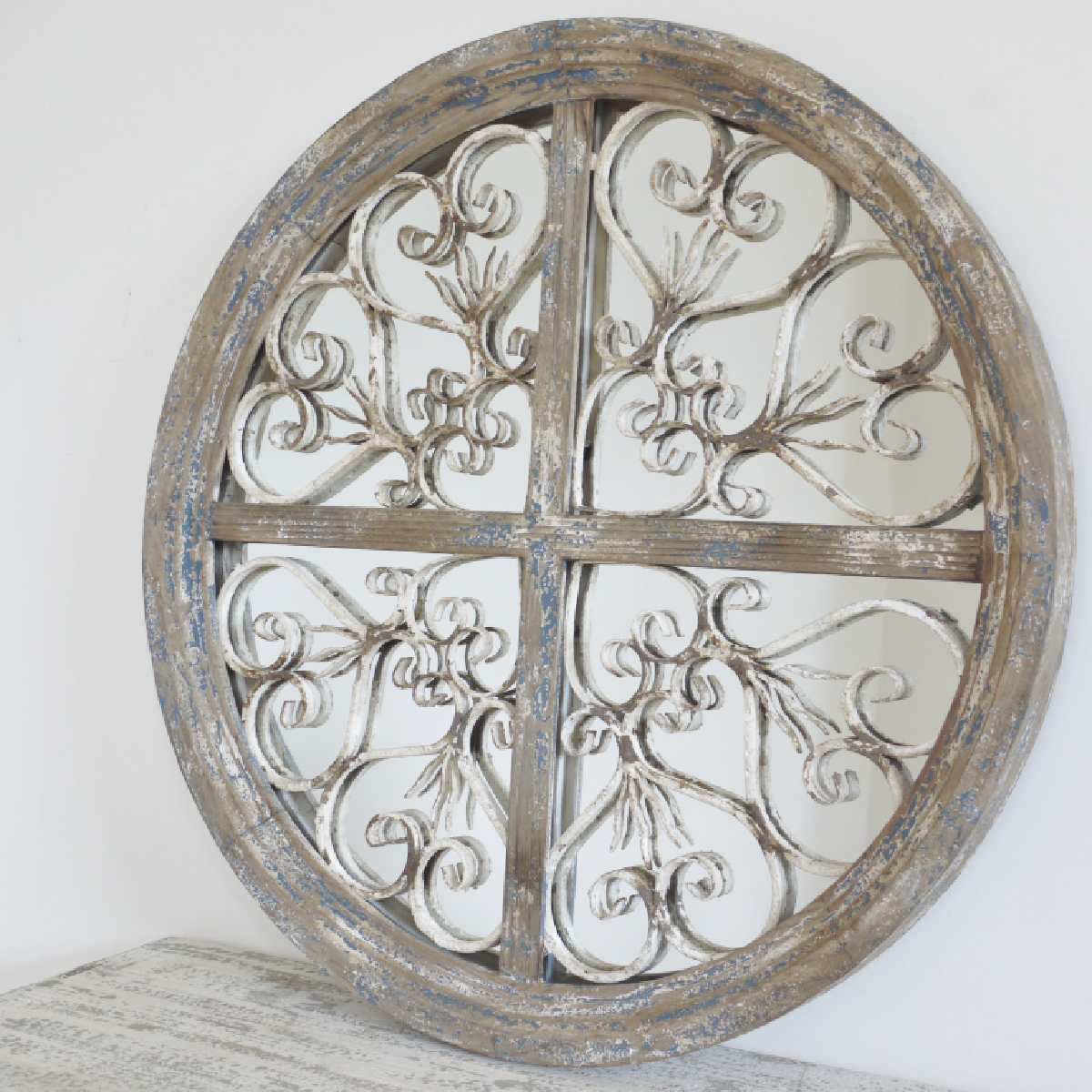 Rustic Wood and Metal Circular Wall Mirror