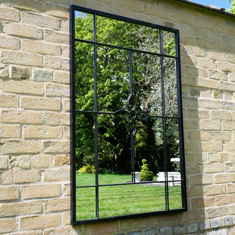 BLACK METAL FRAME, FLORAL CENTRE, GARDEN MIRROR