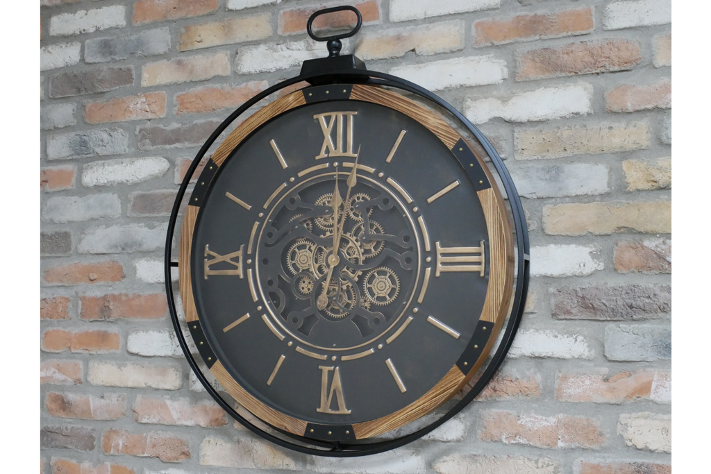 Metal & Wood Frame Working Cog Wall Clock, Black Face