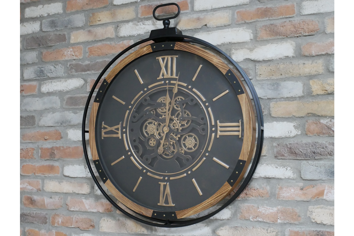 Metal & Wood Frame Working Cog Wall Clock, Black Face