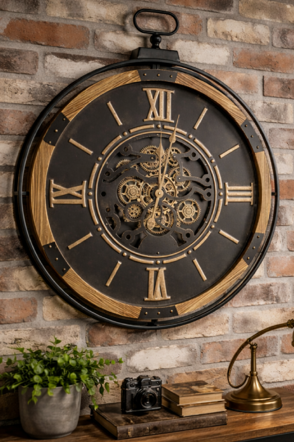 Metal & Wood Frame Working Cog Wall Clock, Black Face