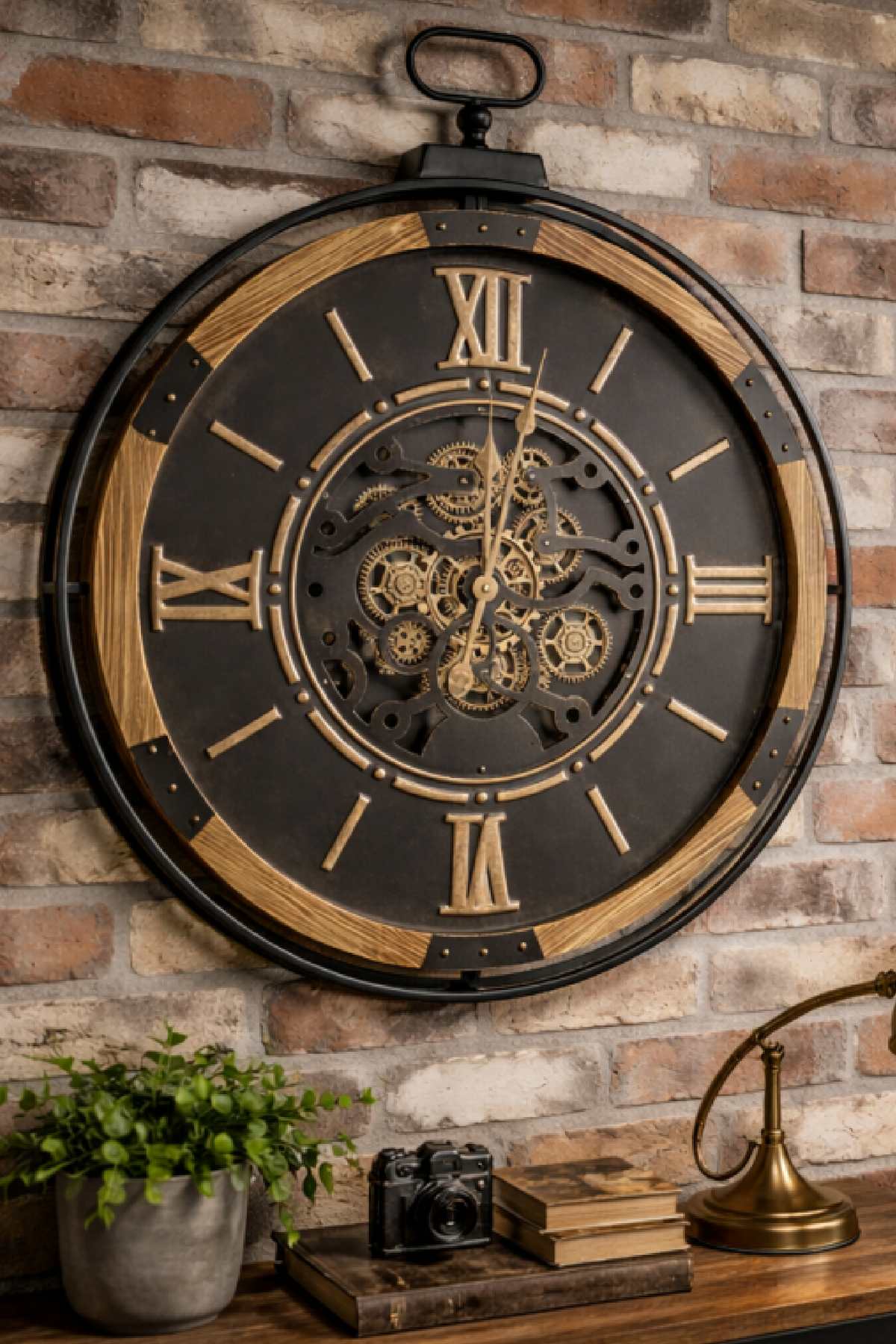 Metal & Wood Frame Working Cog Wall Clock, Black Face