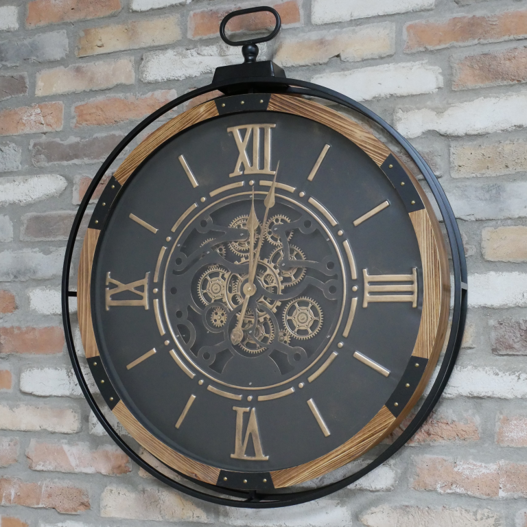 Metal & Wood Frame Working Cog Wall Clock, Black Face