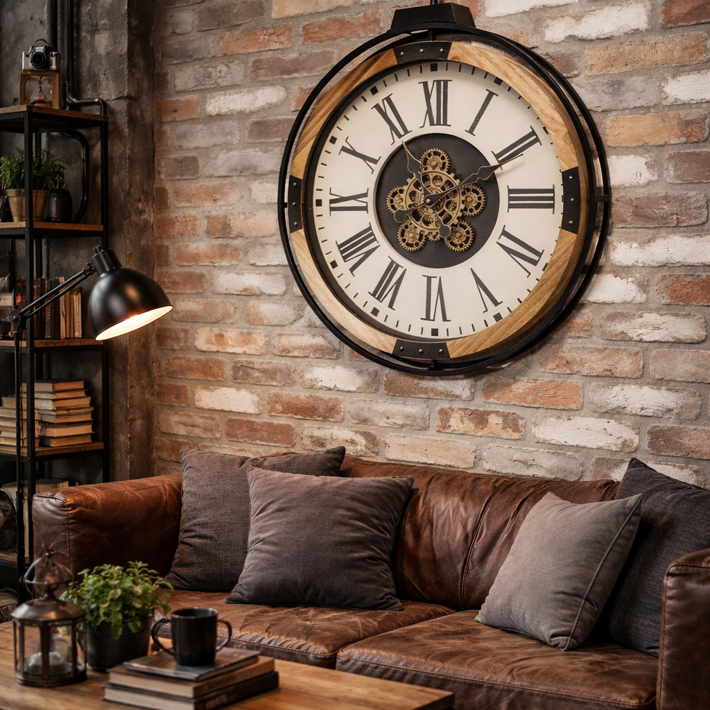 Large black and wood-effect pocket watch working cog wall clock