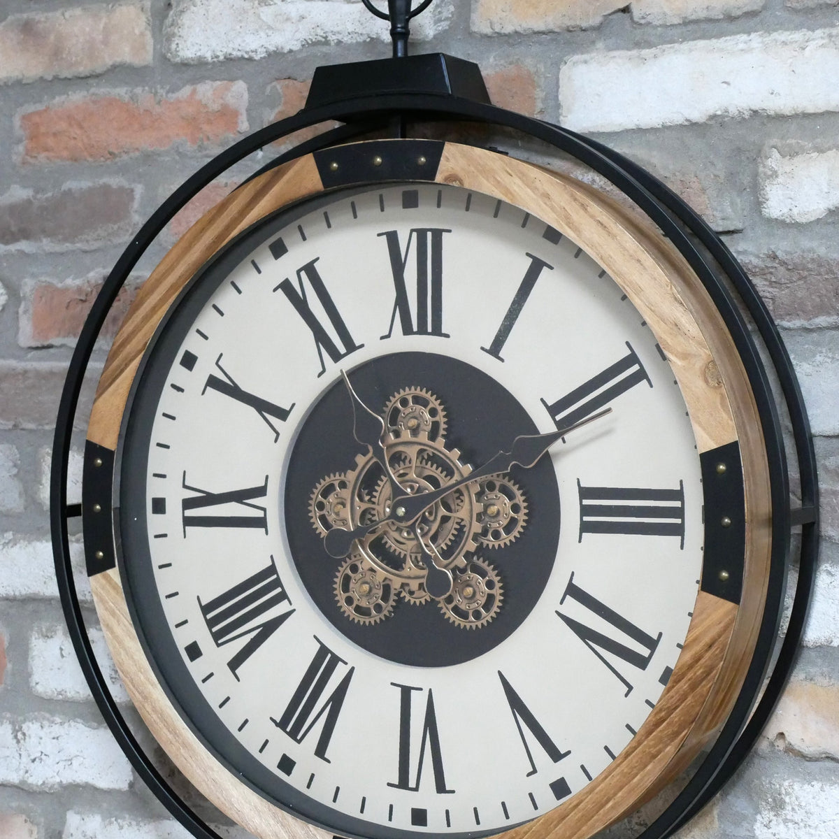 Large black and wood-effect pocket watch working cog wall clock