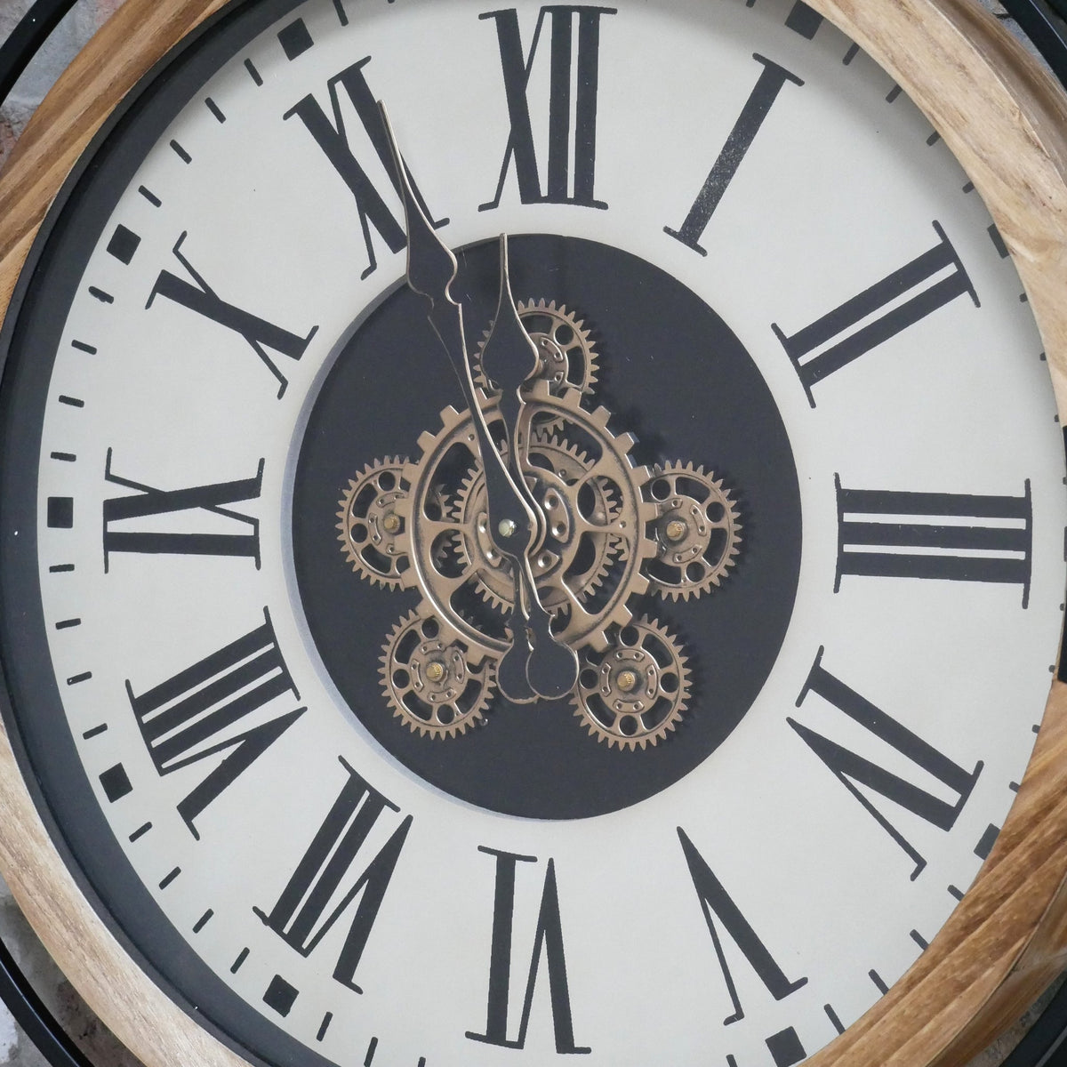 Large black and wood-effect pocket watch working cog wall clock