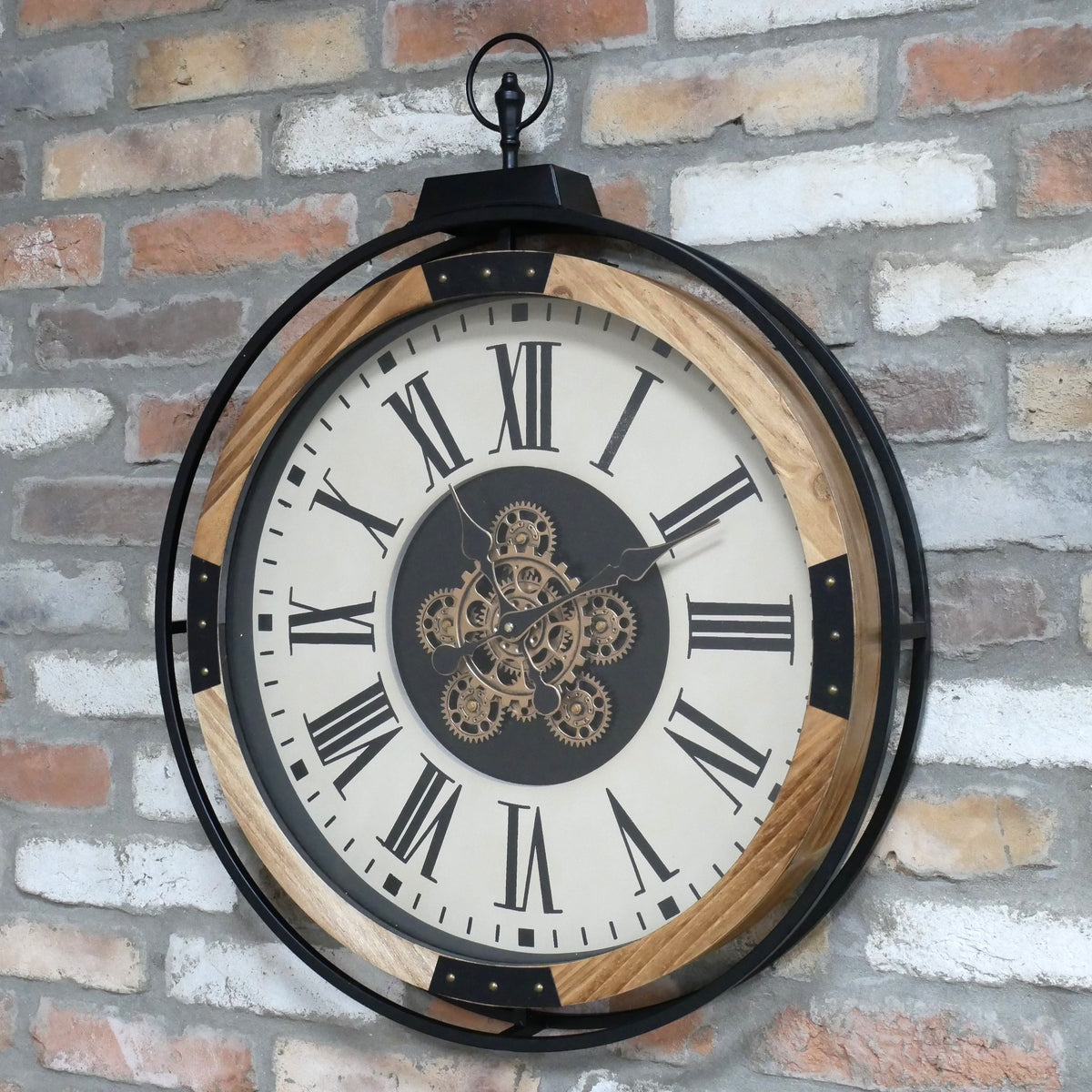 Large black and wood-effect pocket watch working cog wall clock