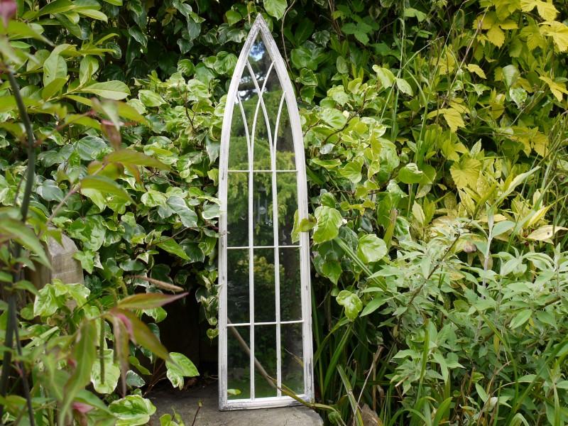 Distressed White Arch Top Garden Mirror